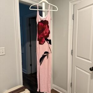 White Fox Boutique Pink Maxi Dress with Red Floral Design
